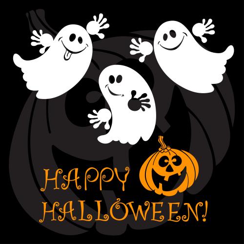 Halloween. Vector three cute cartoon ghosts pumpkin lantern happy halloween inscription on black