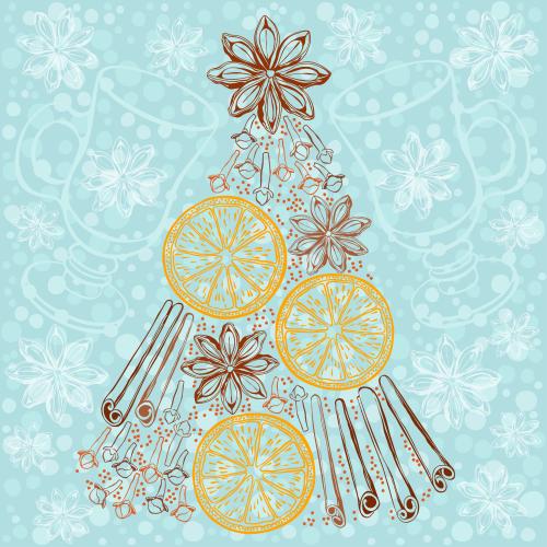 Cinnamon. Vector spice tree, blue checkered glühwein mugs