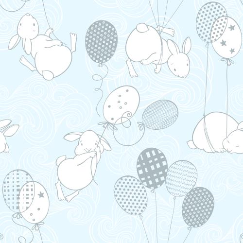 Vector image cute bunnies with balloons, clouds on blue