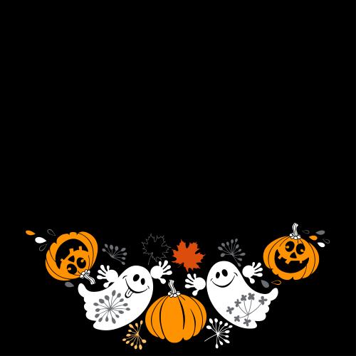 Autumn. Vector cute ghosts funny pumpkins leaves text area on black