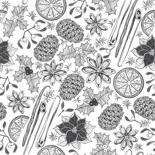 Black-white. Vector christmas plants cones spices on white