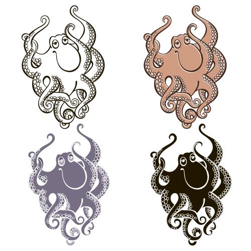 Octopus. Vector cute cartoon-style octopuses, silhouettes and outline drawing on white, four variants