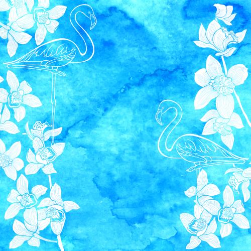 Watercolor. Vector white silhouettes of orchids and contour drawing of flamingo on turquoise watercolor
