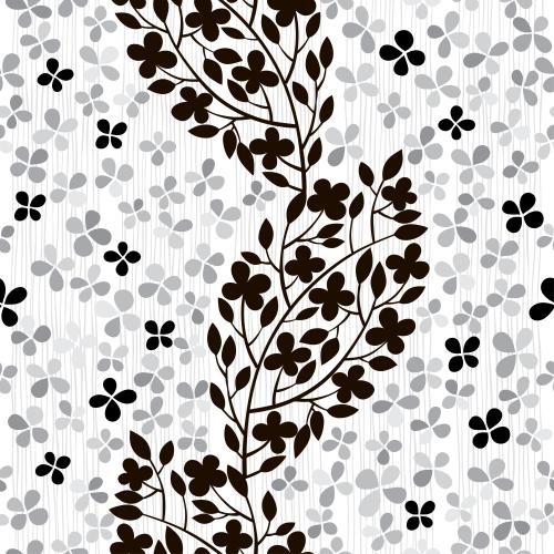 Vector image silhouettes of monochrome flowers and blooming branches on white striped