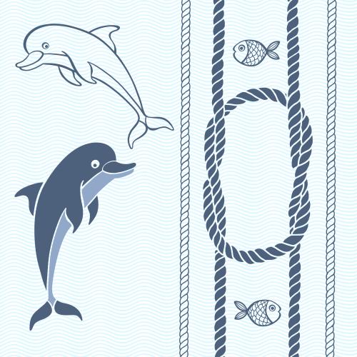 Wavy. Vector dolphins fish sea ropes and nautical knot on blue waves