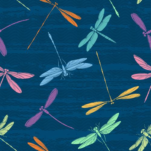 Wavy. Vector multicolored dragonfly silhouettes waves on blue