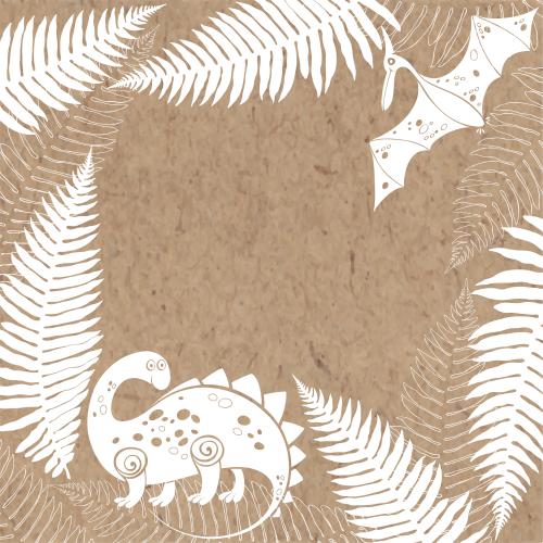 Square. Vector square frame with a cartoon dinosaur pterodactyl and ferns on craft