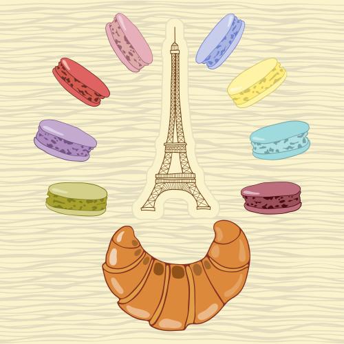 Eiffel tower. Vector eiffel tower croissant and multicolored macarons