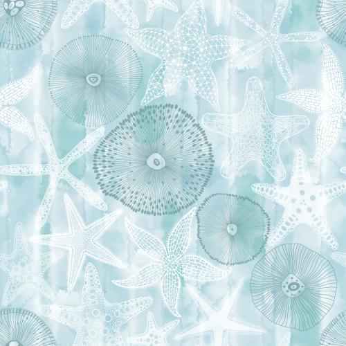 Vector image sea stars and underwater creatures on blue watercolor