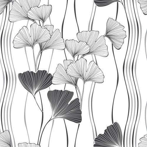 Ginkgo biloba. Vector ginkgo biloba, contours and silhouettes, vertical wavy lines on white