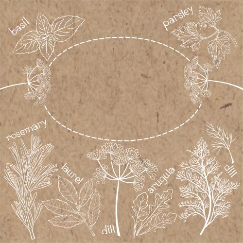Grass. Vector culinary herbs names oval frame with space for text white outlines on craft