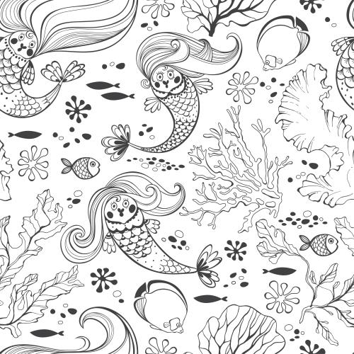 Seaweed. Vector fairy-tale underwater world, mermaids, fish, seaweed, corals on white