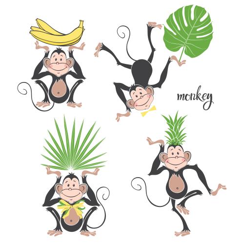 Banana. Vector four jolly cartoonish monkeys