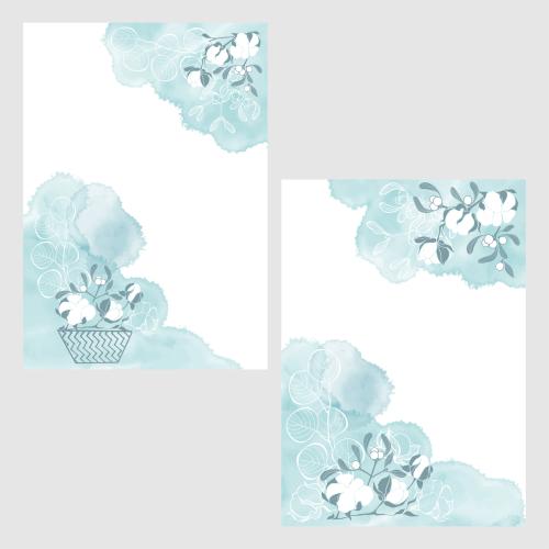 Cotton. Vector two postcards with branches of cotton eucalyptus mistletoe and blue watercolor fragments