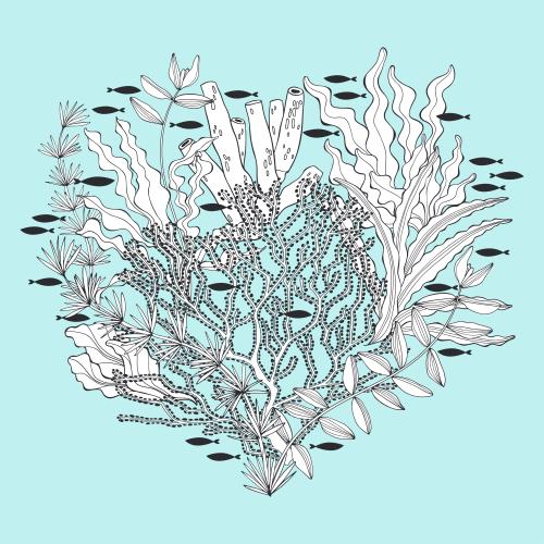 Illustration nautical theme composition with seaweeds corals and fish in the shape of a heart on blue