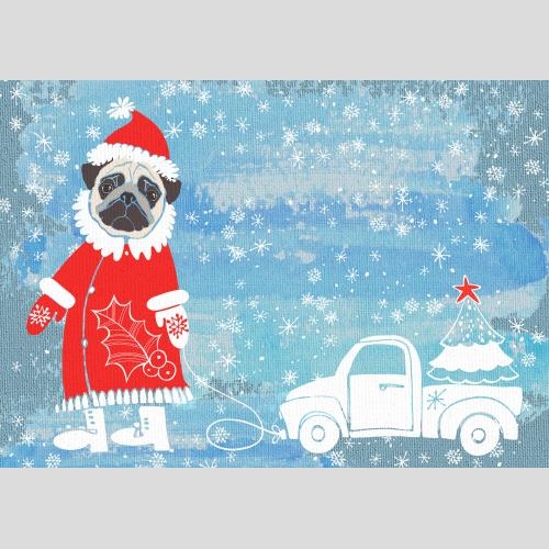 Car. Vector cute pug in a christmas costume with a car and a tree on a blue painting