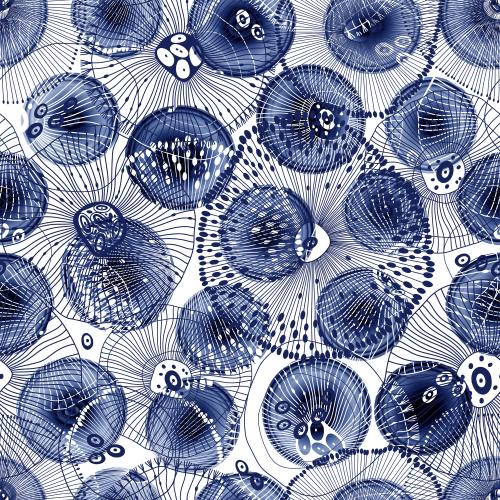Raster image abstract underwater creatures, blue watercolor circles on white