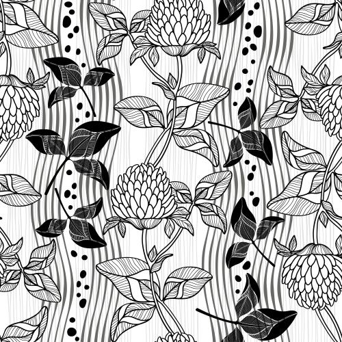 Clover. Vector flowers and leaves of clover, wavy and straight vertical stripes on white