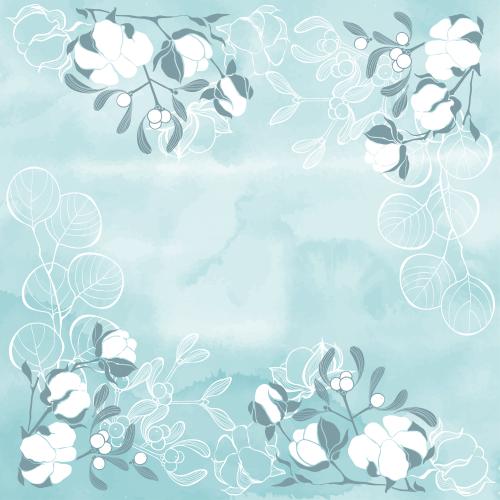 Illustration cotton, mistletoe, eucalyptus and space for text on a blue watercolor, corner composition