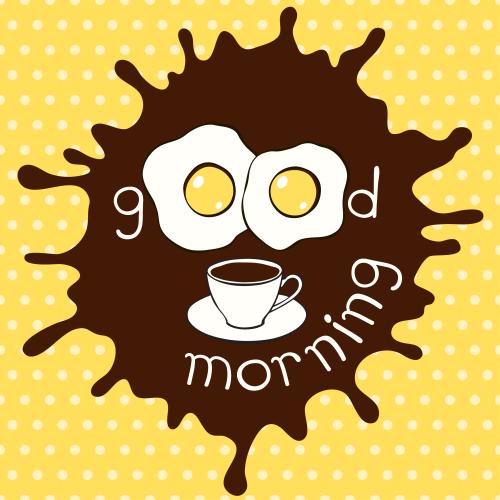 Pea. Vector pancake, coffee, good morning inscription, cartoon style