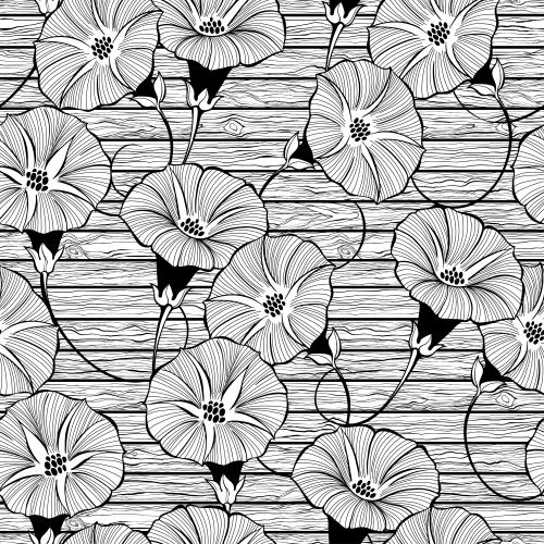 Tree. Vector morning glory flowers on wooden boards
