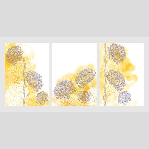 Chrysanthemum. Vector three postcards with chrysanthemums on yellow watercolor