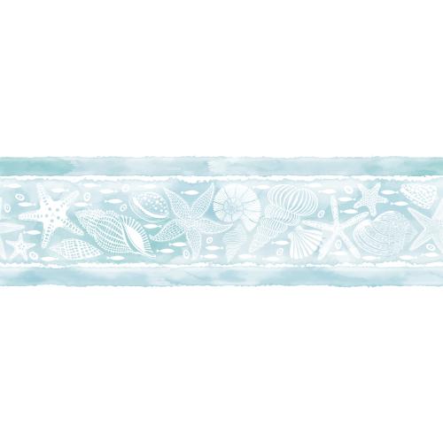 Vector image seamless marine-theme border with shells, sea stars, nautilus, fish, blue watercolor stripes