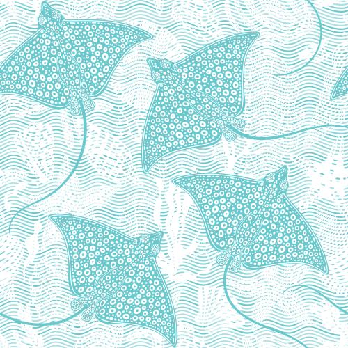 Vector image skates, sea stars, shells, seaweed, corals on blue waves