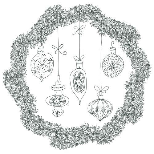 Pine. Vector wreath made of coniferous branches with christmas tree decorations on white