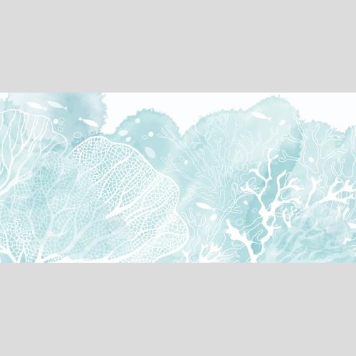 Card. Vector seascape postcard with seaweeds corals and fish on a blue watercolor fragment
