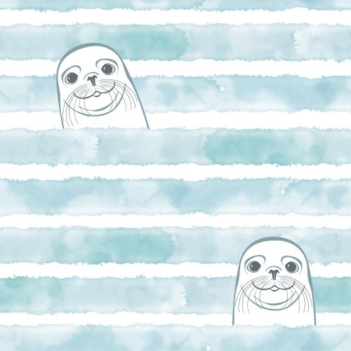 Vector image cute seals on blue watercolor waves