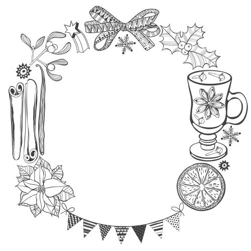 Bow. Vector christmas plants frame with spices mulled wine bow garland on white