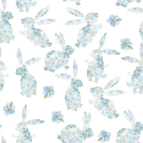 Raster image cute cartoonish forget-me-not rabbits and flowers on white