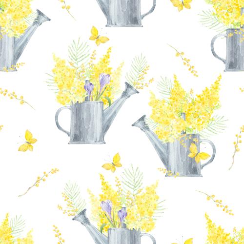 Raster image mimosa and crocuses, watercolor bouquets in vases, butterflies on white