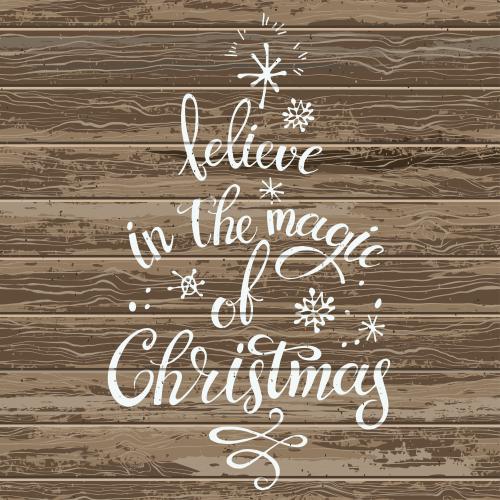 Tree. Vector inscription believe in the magic of christmas on wooden boards