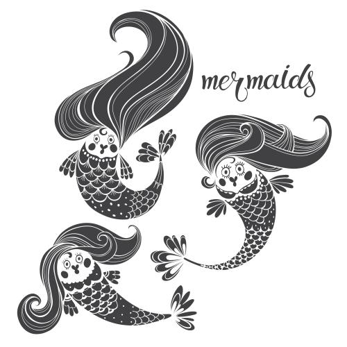 Mermaid. Vector three cartoonish mermaids black silhouettes on white