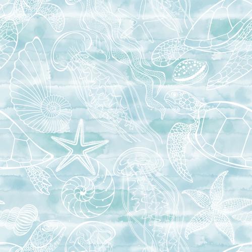 Nautilus. Vector turtles, jellyfish, sea stars, shells, nautilus on blue watercolor