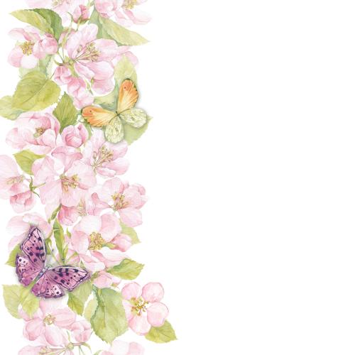 Apple tree. Vector watercolor flowers and apple leaves butterflies space for text on white