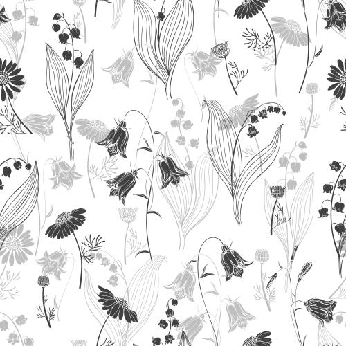 Vector image bells lilies daisies black and gray silhouettes on white