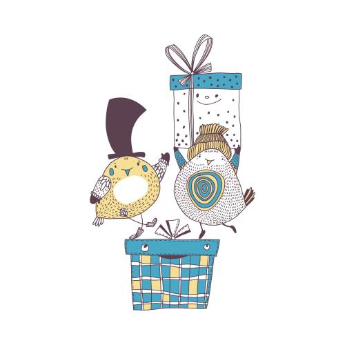 Birthday. Vector two cartoon birds with gifts on white