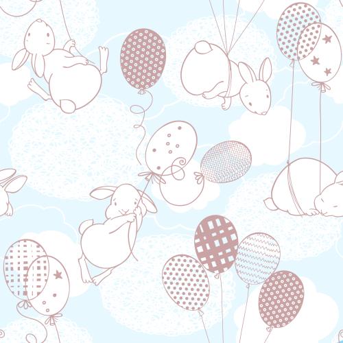 Vector image cute bunnies with balloons, white clouds on blue
