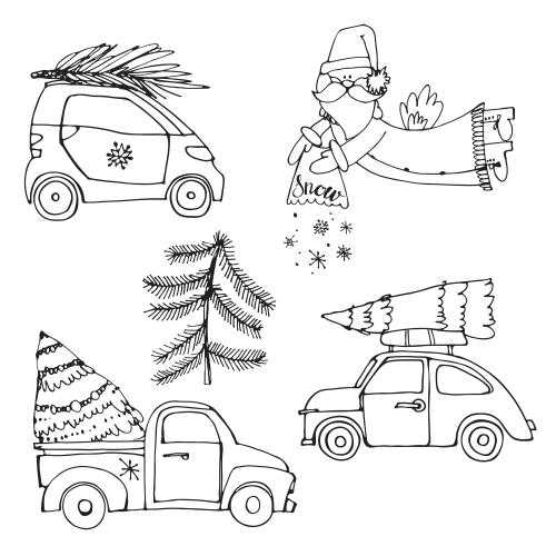 Christmas tree. Vector cartoon cars with christmas trees, father frost, white christmas tree