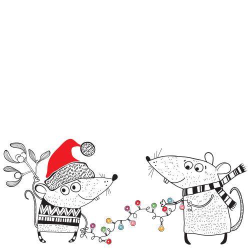 Vector image new year's cartoon mice with mistletoe and garland, space for text on white
