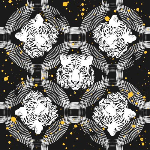 Blot. Vector tiger heads, white circles, decorative yellow spots on black