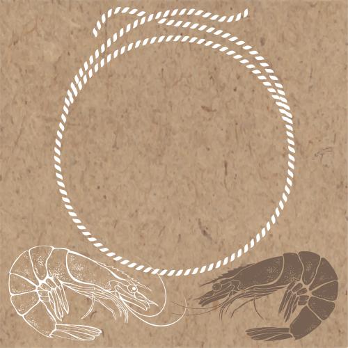 Shrimp. Vector round frame made of marine rope, shrimp on craft