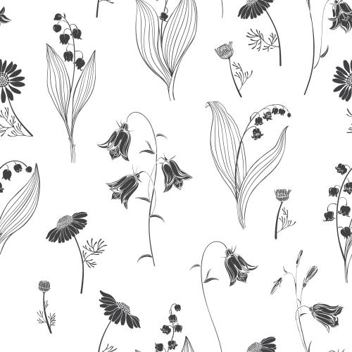 Vector image bells, lilies, daisies, black silhouettes on white