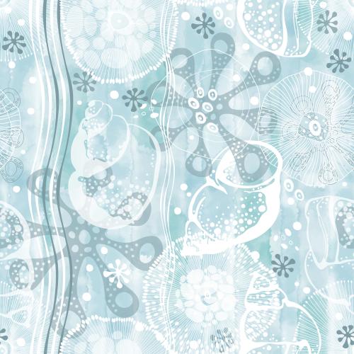 Vector image decorative abstract sea creatures shells wavy lines on blue watercolor