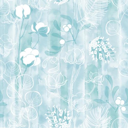 Eucalyptus. Vector branches of cotton, eucalyptus, mistletoe and cones on blue watercolor