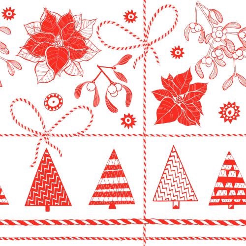 Mistletoe. Vector Pattern poinsettia mistletoe christmas trees snowflakes and two-color festive ribbon on white