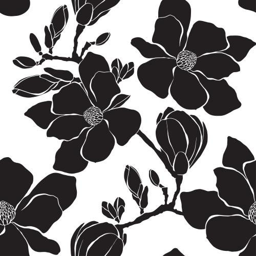 Bud. Vector magnolia, black silhouettes of flowers on white
